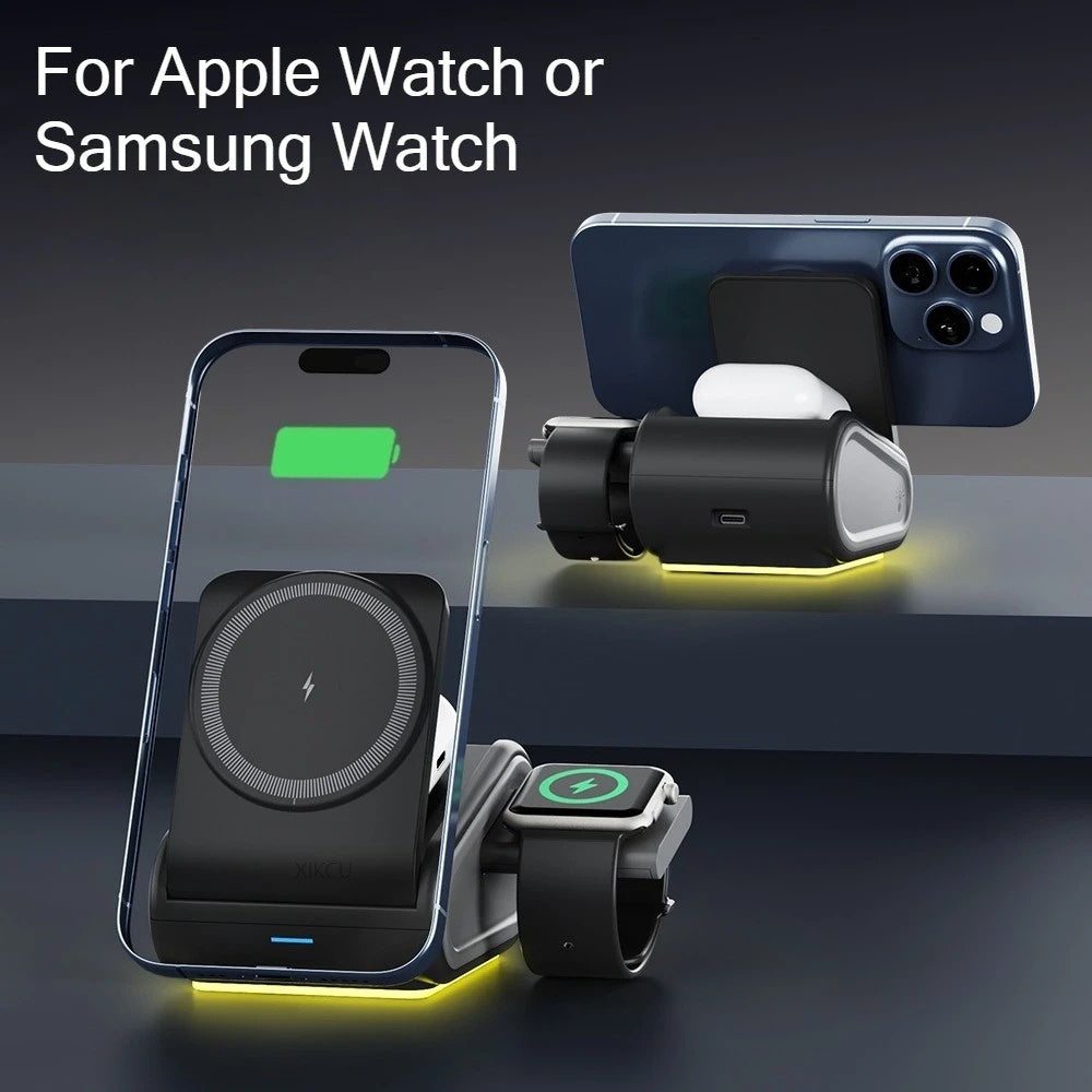 3-in-1 Magnetic Wireless Charging Station – Foldable Fast Charger Stand for iPhone, Apple Watch & AirPods