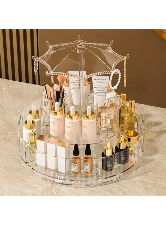360° Rotating Acrylic Makeup & Skincare Organizer | 2-Tier Cosmetic Storage with Umbrella Design
