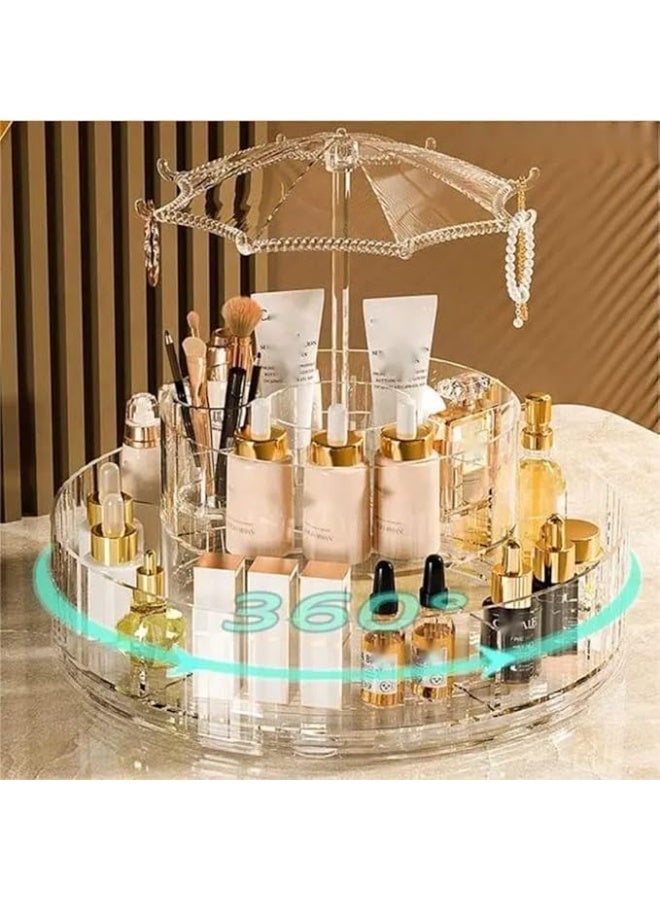 360° Rotating Acrylic Makeup & Skincare Organizer | 2-Tier Cosmetic Storage with Umbrella Design