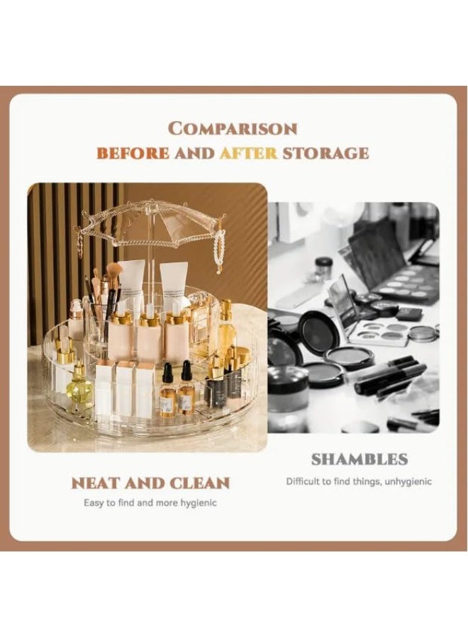 360° Rotating Acrylic Makeup & Skincare Organizer | 2-Tier Cosmetic Storage with Umbrella Design
