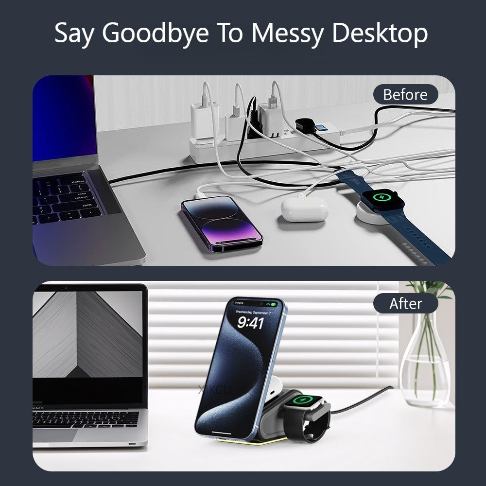 3-in-1 Magnetic Wireless Charging Station – Foldable Fast Charger Stand for iPhone, Apple Watch & AirPods