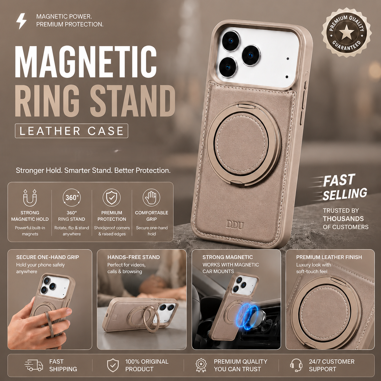 MagSafe Ring Stand Case – Magnetic Leather Phone Case with 360° Rotating Kickstand