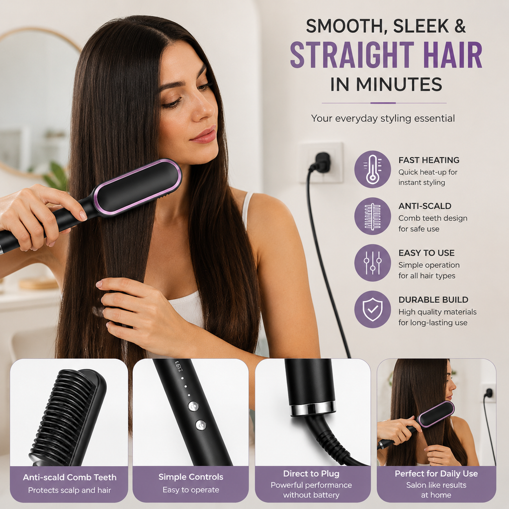 Nova Tech Hair Straightener Brush – Fast Heating Anti-Scald Electric Hair Styling Comb