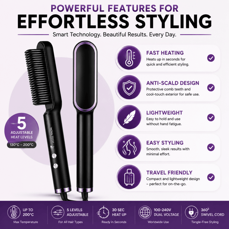 Nova Tech Hair Straightener Brush – Fast Heating Anti-Scald Electric Hair Styling Comb