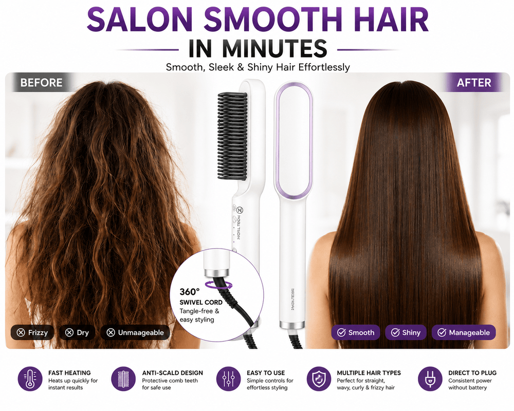 Nova Tech Hair Straightener Brush – Fast Heating Anti-Scald Electric Hair Styling Comb
