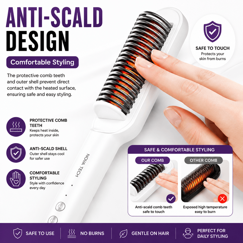 Nova Tech Hair Straightener Brush – Fast Heating Anti-Scald Electric Hair Styling Comb