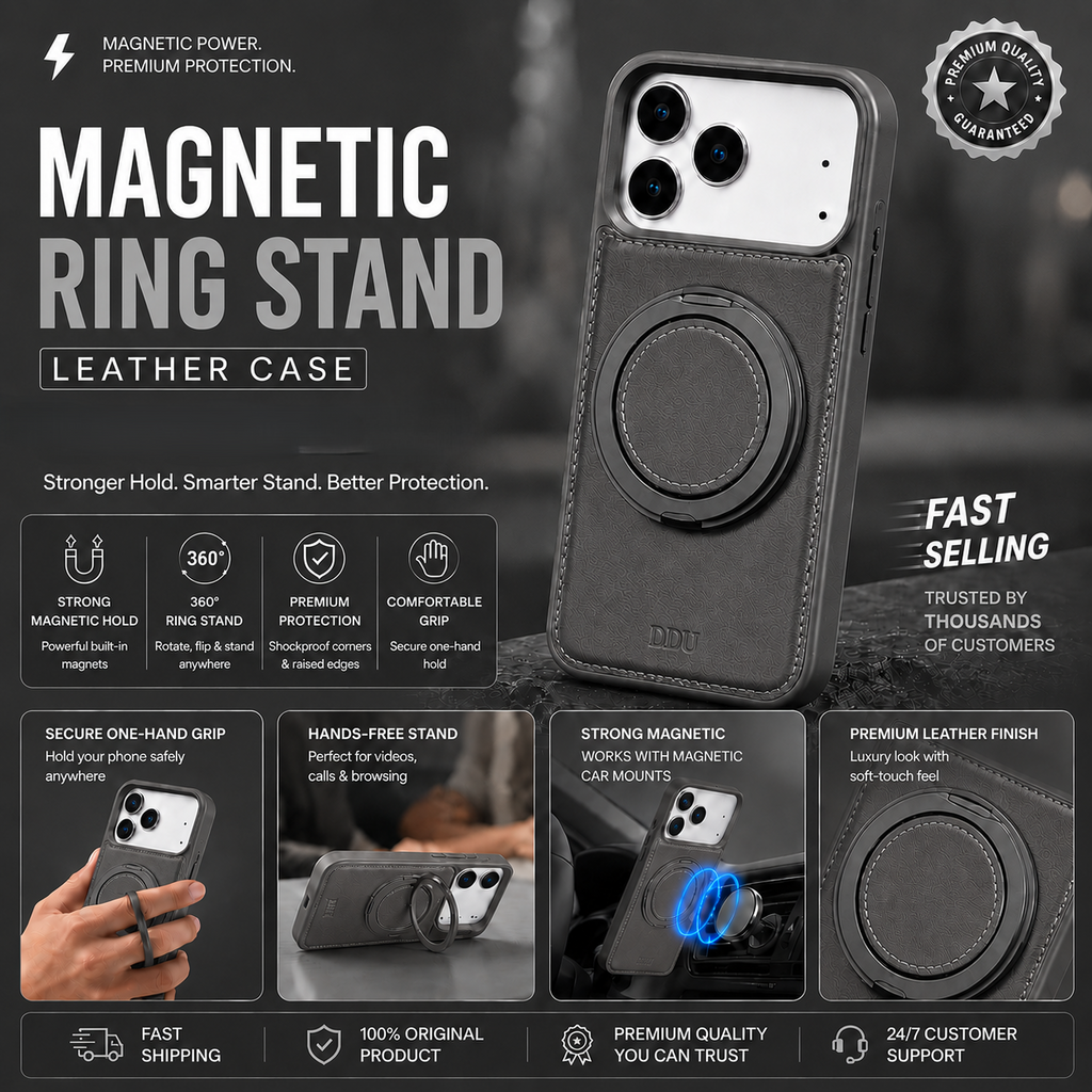 MagSafe Ring Stand Case – Magnetic Leather Phone Case with 360° Rotating Kickstand