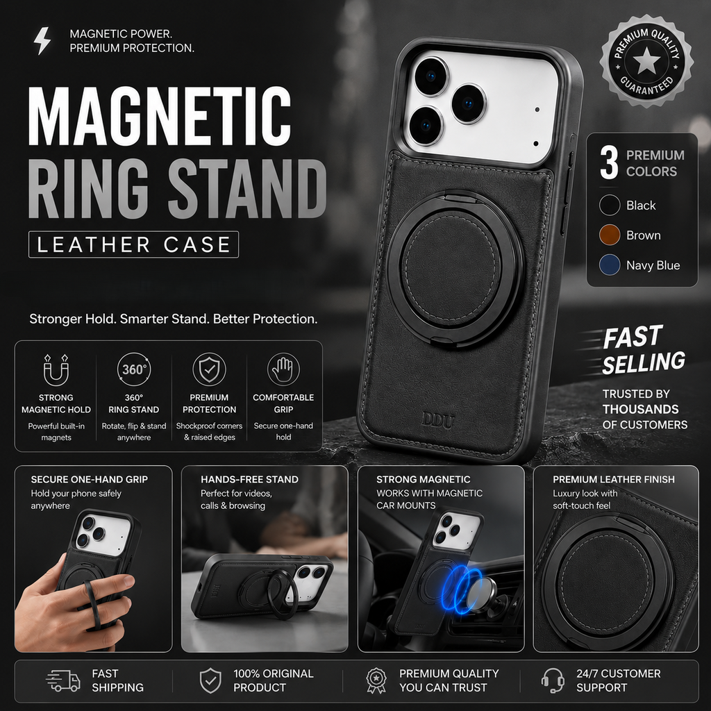 MagSafe Ring Stand Case – Magnetic Leather Phone Case with 360° Rotating Kickstand
