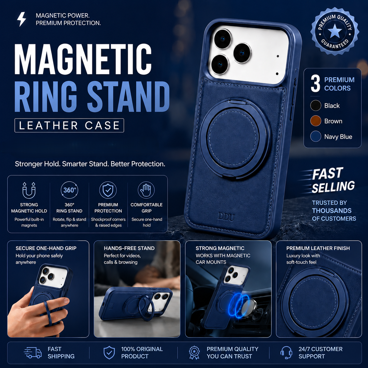 MagSafe Ring Stand Case – Magnetic Leather Phone Case with 360° Rotating Kickstand