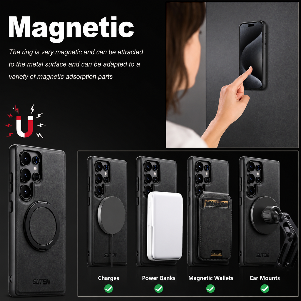 Samsung Galaxy S26 Ultra Ring Stand Leather Case – Magnetic Shockproof Protective Cover