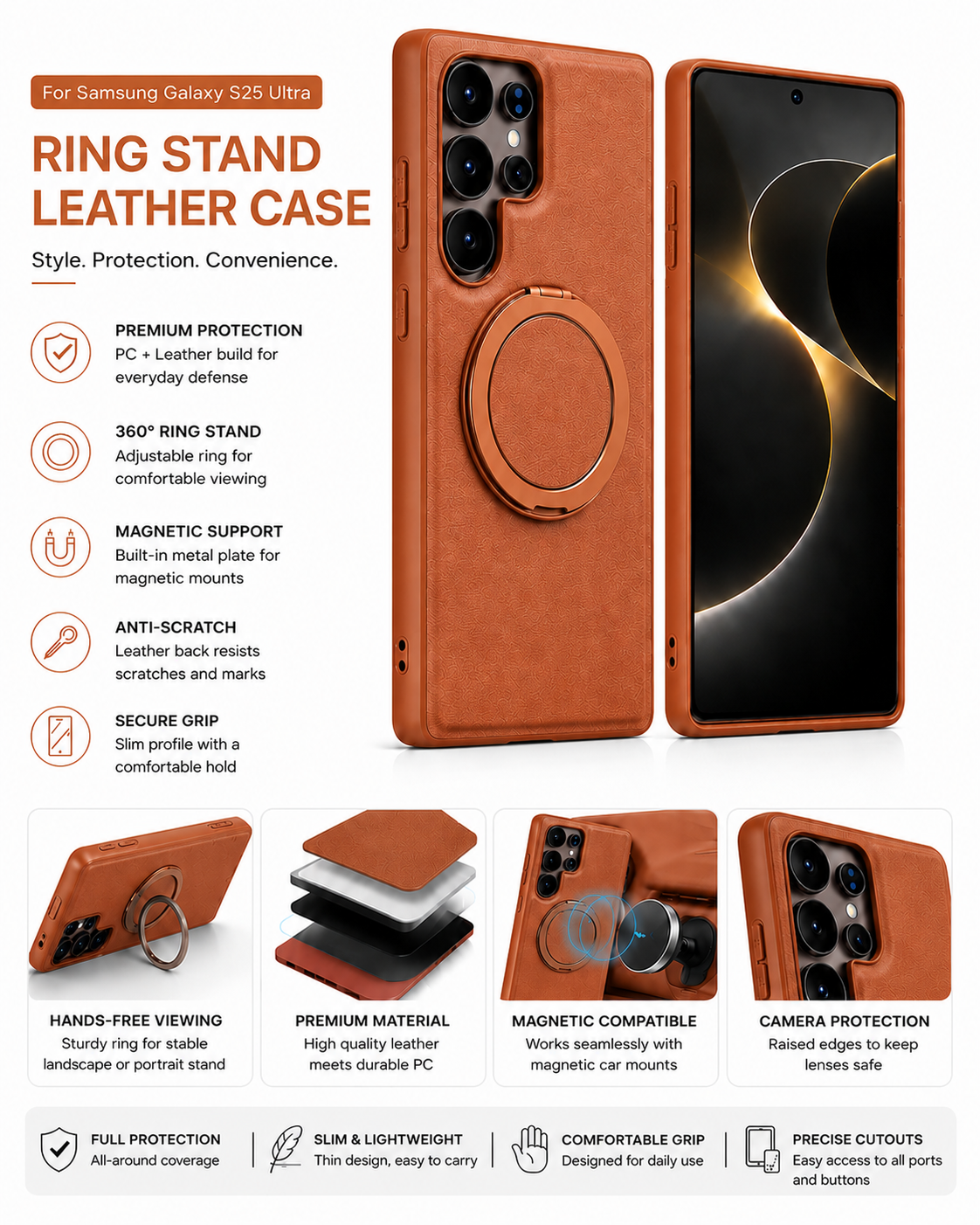 Samsung Galaxy S26 Ultra Ring Stand Leather Case – Magnetic Shockproof Protective Cover