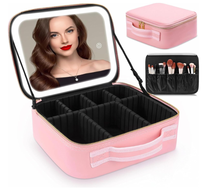 LED Makeup Mirror Travel Case – Portable Cosmetic Organizer with Touch Screen Lighted Mirror