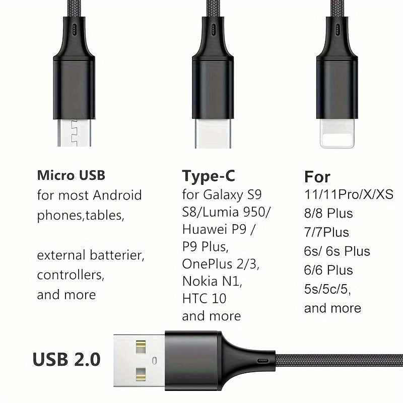 3-in-1 USB Fast Charger Cable for iPhone, Samsung, Xiaomi