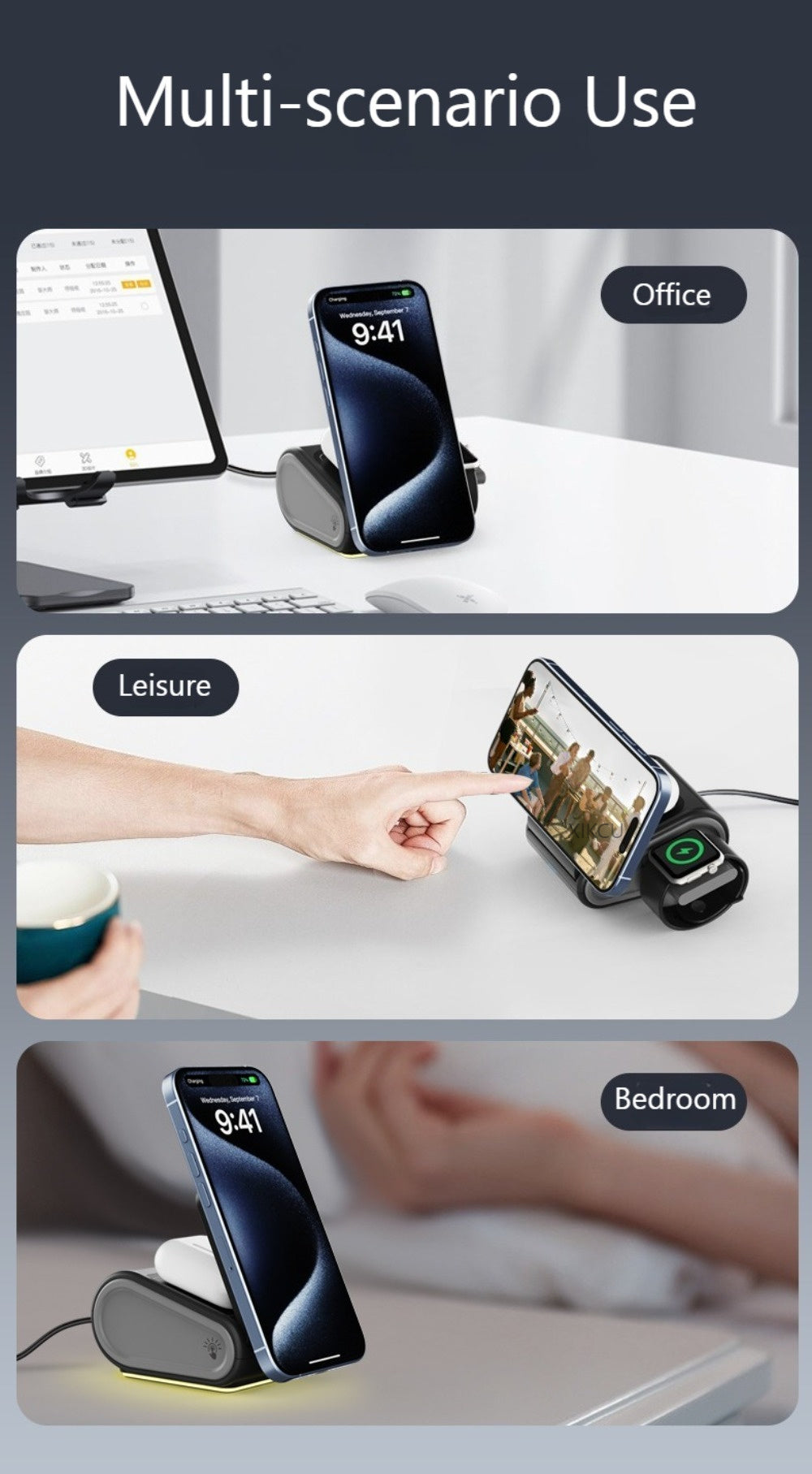 3-in-1 Magnetic Wireless Charging Station – Foldable Fast Charger Stand for iPhone, Apple Watch & AirPods